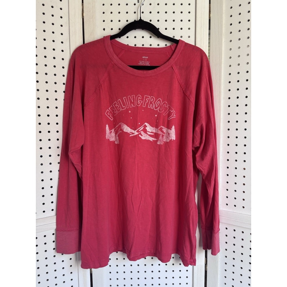 Aerie Feelin Frosty Holiday Winter Red Mountain Cotton LS Tee Size Lg